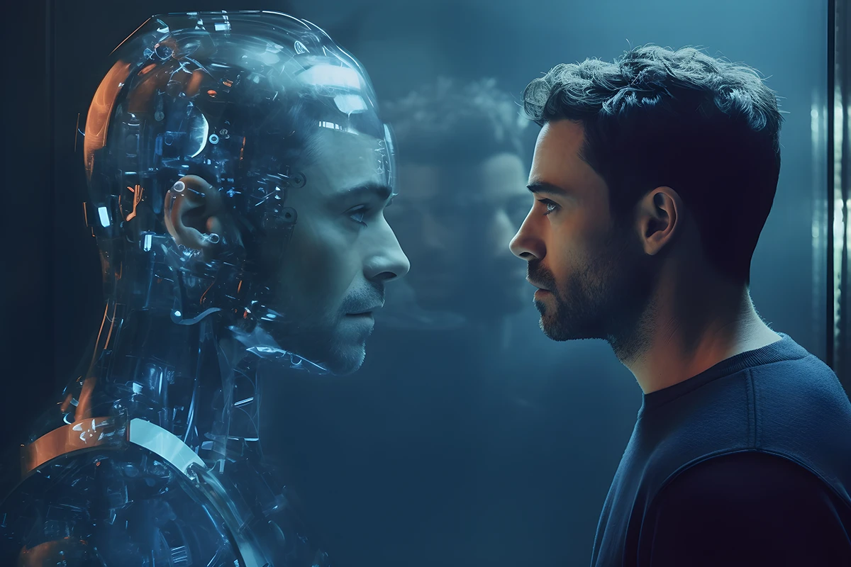 man robot are looking each other
